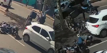 Dupla colisão traseira termina com motociclista “voando” após batida em veículo em Teresina; VÍDEO!