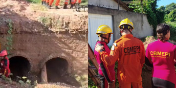 Homem desaparece ao ser arrastado durante forte chuva e cair em bueiro em Teresina; bombeiros fazem buscas