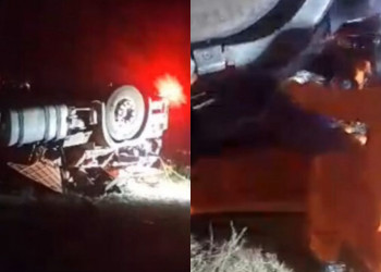 Motorista fica preso às ferragens após carreta carregada de sal tombar no interior do Piauí