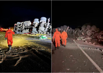 Caminhão com carga de ração tomba e derrama óleo na pista no interior do Piauí