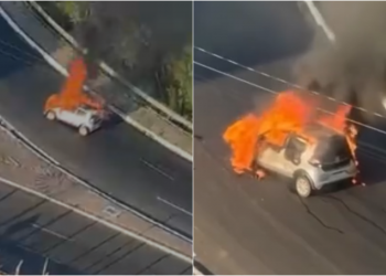 Carro fica destruído após pegar fogo próximo à Ponte Juscelino Kubitschek, em Teresina; VÍDEO!