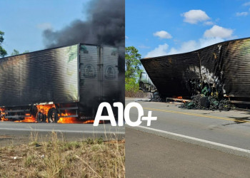 Caminhão carregado de frutas pega fogo e fica totalmente destruído no interior do Piauí; VÍDEO
