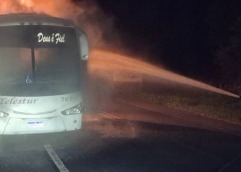 Ônibus pega fogo e fica parcialmente destruído no interior do Piauí; bombeiros são acionados