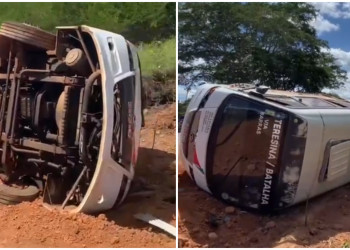 Motorista perde controle de veículo e van com passageiros tomba na PI-113, no interior do Piauí