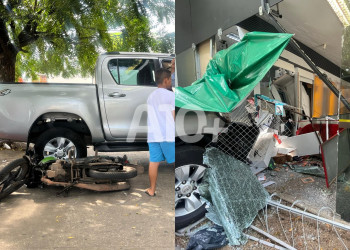 Motorista perde controle de caminhonete, atropela ambulante e quebra vidraça de banco em Teresina