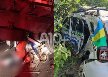 Colisão entre viatura da PM, caminhão e moto deixa duas pessoas mortas no Piauí