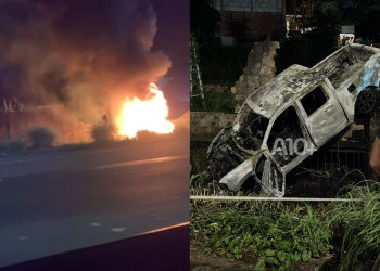 Veículo pega fogo após se envolver em acidente na BR-343 em Teresina; motorista não foi encontrado