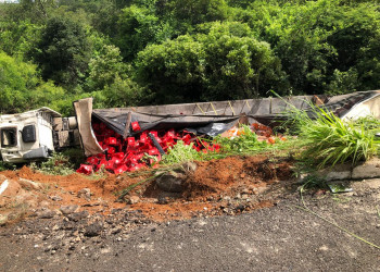 Motorista fica ferido após caminhão sair da pista e tombar na BR-320, interior do Piauí