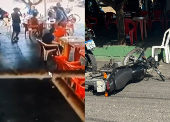 Vídeo mostra momento exato momento em que criminosos tentam assaltar bar e são surpreendidos por policial em Teresina