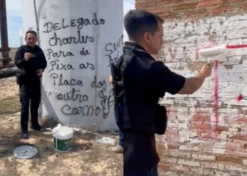 Pichações são apagadas pela polícia no litoral do Piauí; em umas delas, delegado Charles Pessoa é chamado de 