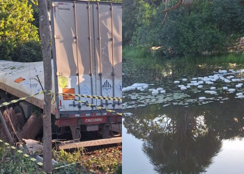 Motorista perde controle e morre após caminhão carregado de produtos tóxicos cair dentro de riacho no Piauí