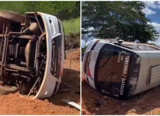 Motorista perde controle de veículo e van com passageiros tomba na PI-113, no interior do Piauí