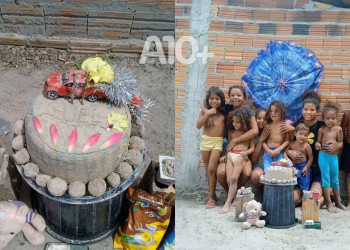 No Piauí, criança de 2 anos ganha festa com bolo feito de areia; assista!