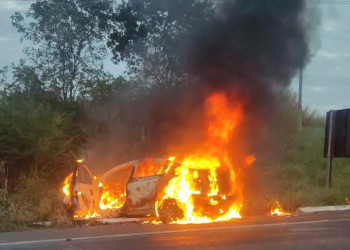 Carro fica totalmente destruído após pegar fogo na BR 343, Piauí