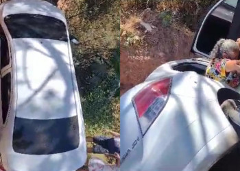 Motorista perde controle de veículo e cai em buraco na Estrada da Alegria; vídeo