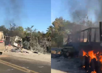 Carreta pega fogo e fica destruída após acidente no Piauí; vídeo