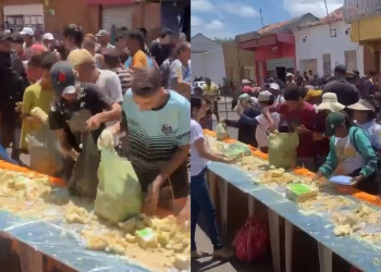 Moradores disputam pedaço de bolo durante aniversário de Luzilândia, Piauí; VÍDEO!