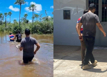 Policiais atravessam riacho para prender suspeito de tentar matar o próprio cunhado no Piauí; VÍDEO!