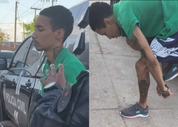 Homem é preso após tentar atear fogo em casa em Timon (MA); surpreendeu policiais ao colocar as mãos algemadas nas costas para a frente do corpo