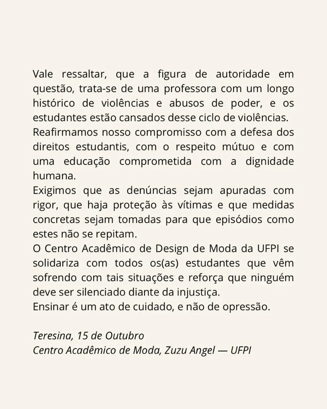 Nota de repúdio do Centro Acadêmico de Moda da Ufpi, Zuzu Angel