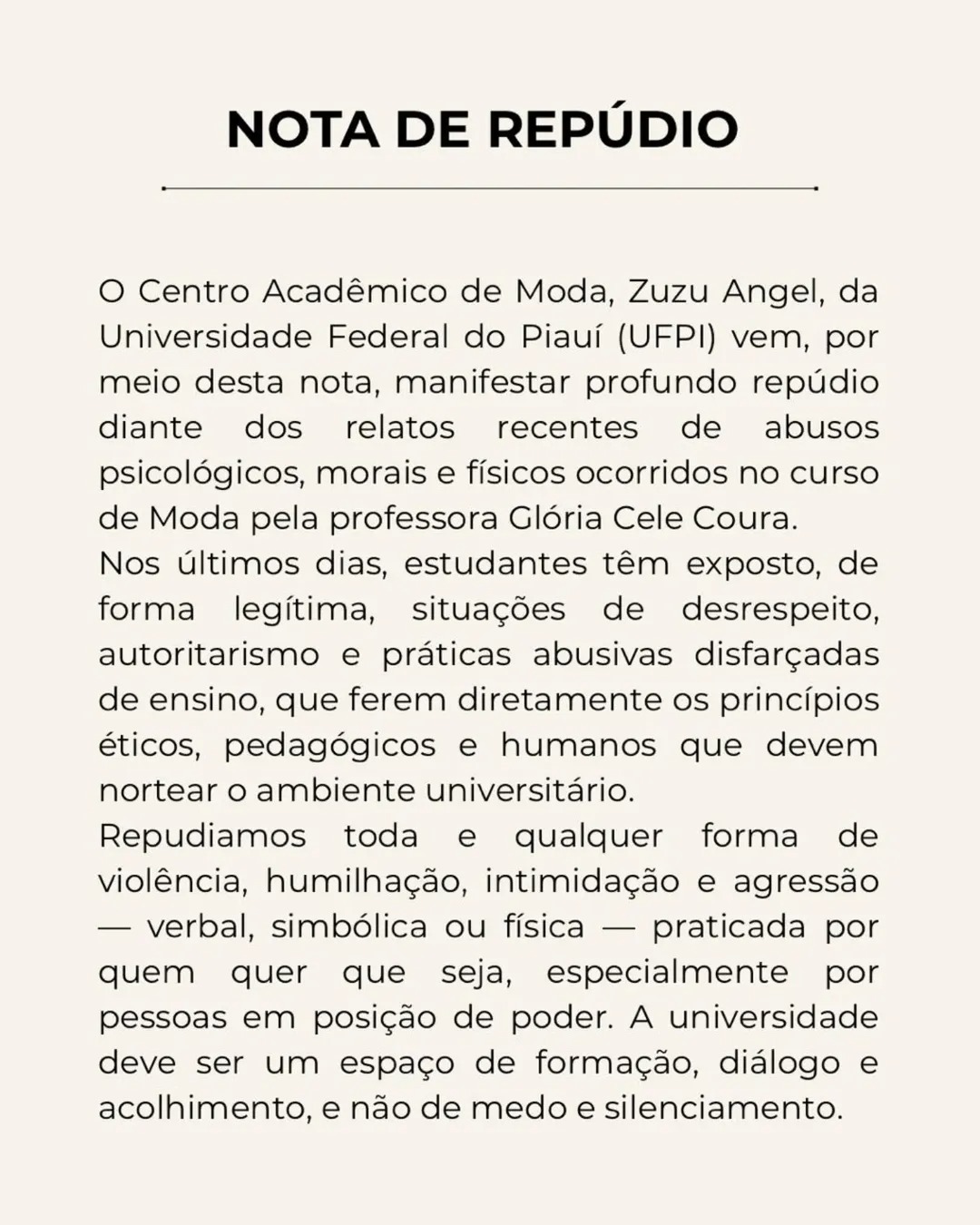 Nota de repúdio do Centro Acadêmico de Moda da Ufpi, Zuzu Angel